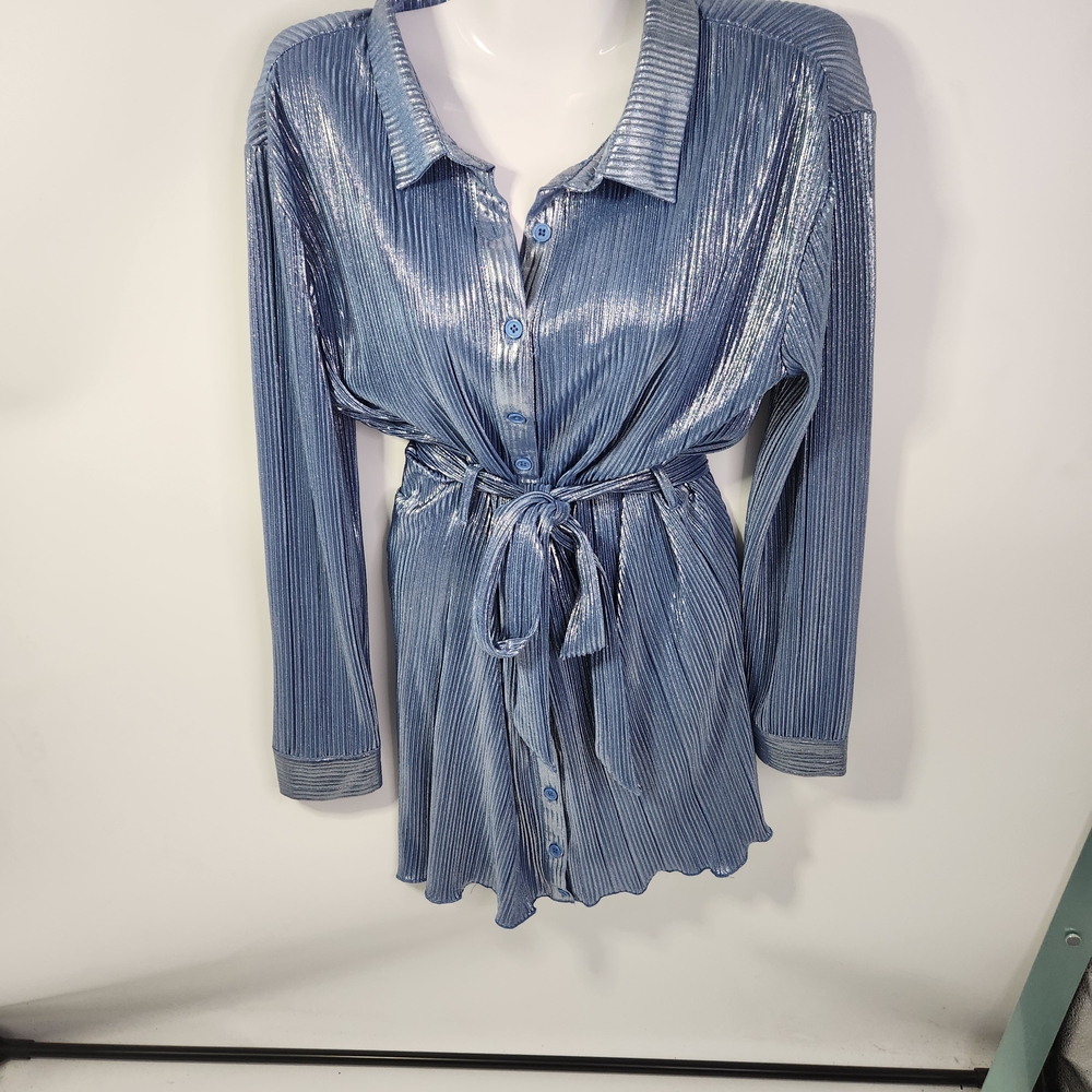 Max + Ash Elegant Long Sleeve Shiny Blue Button-Up Mini Dress Size M